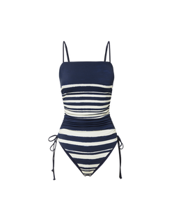 Veronica Beard Navy and white striped one-piece swimsuit with thin straps and side ties.