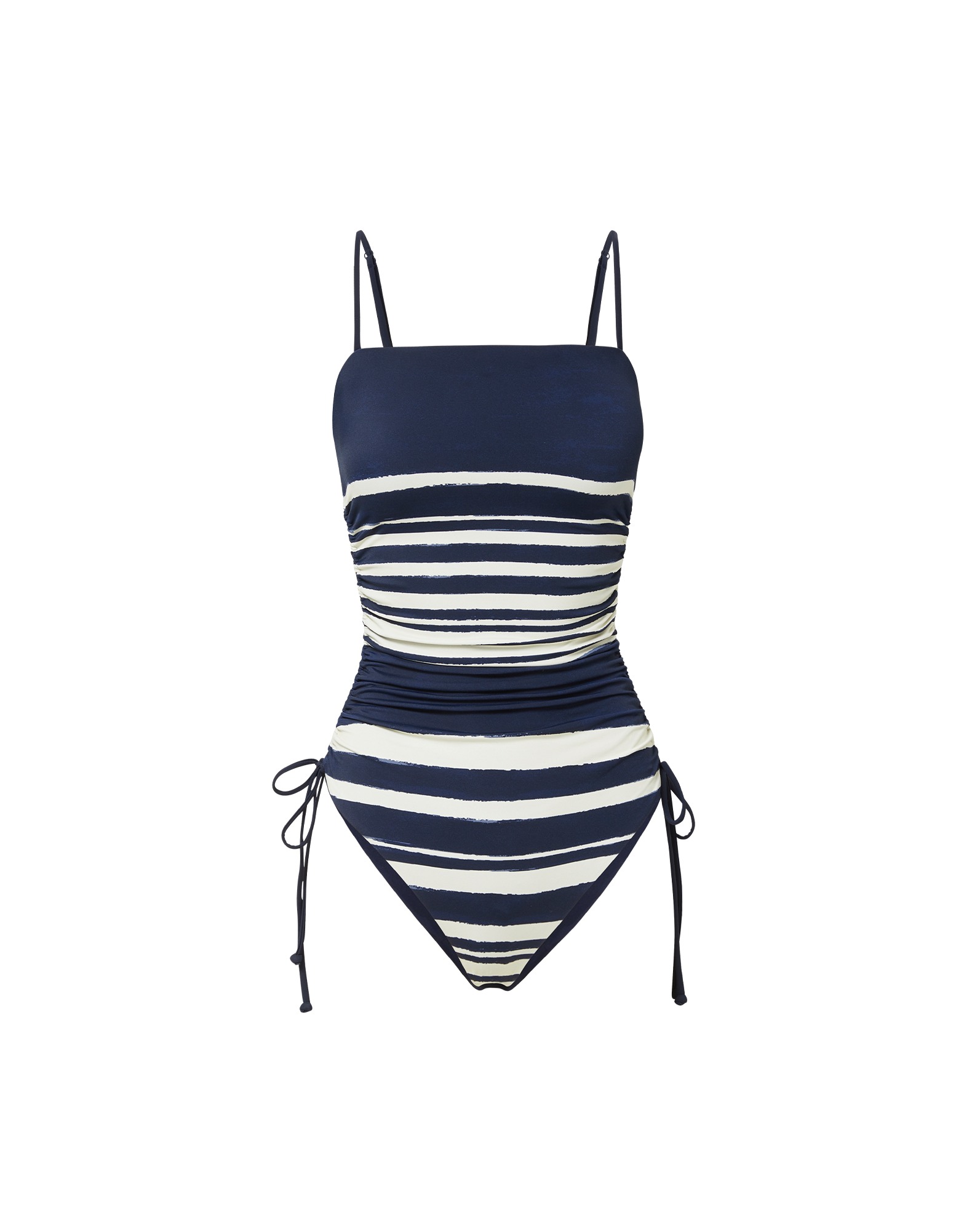 Veronica Beard Navy and white striped one-piece swimsuit with thin straps and side ties.