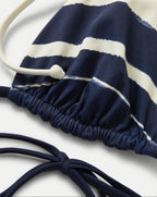 Veronica Beard Navy and white striped bikini top with ruched detailing and tie straps.