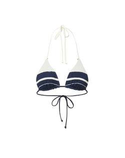 Veronica Beard White and navy striped triangle bikini top with halter and back ties.