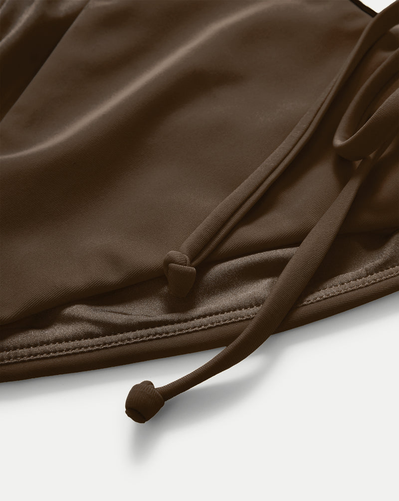 Veronica Beard Brown satin-finish bikini bottom with side tie details.