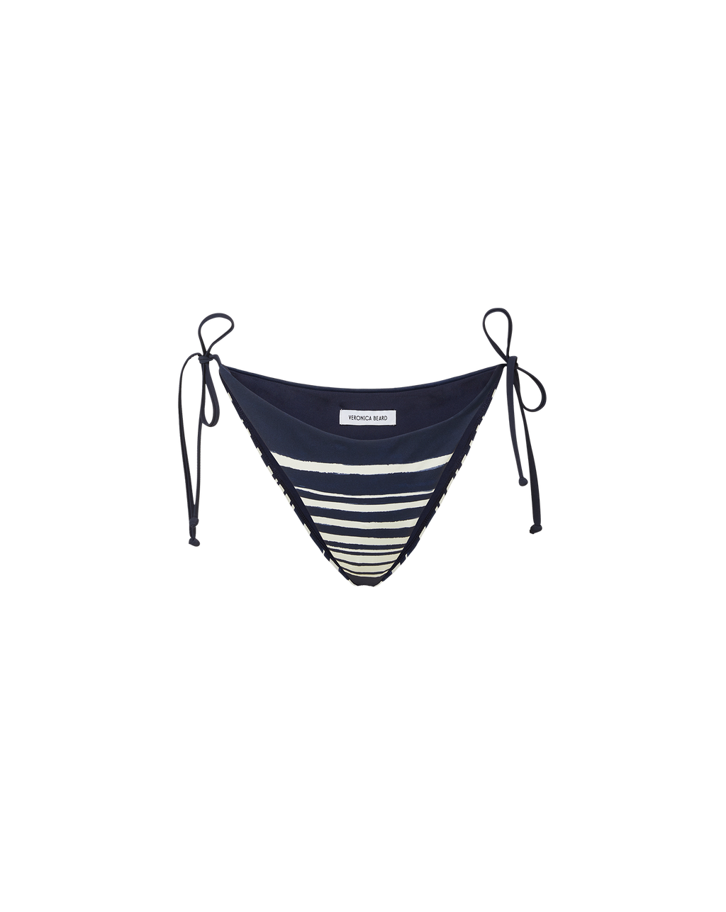 Veronica Beard Navy blue bikini bottom with white horizontal stripes and side ties.