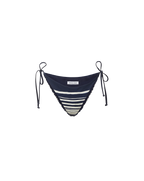 Veronica Beard Navy blue bikini bottom with white horizontal stripes and side ties.