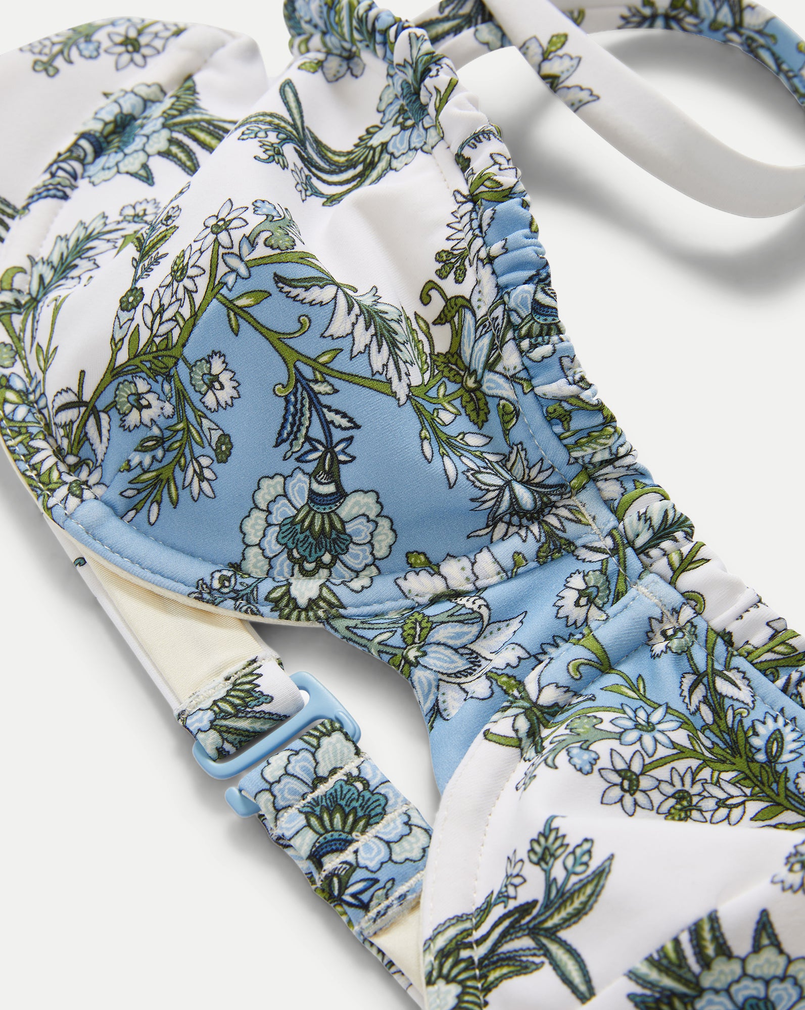 Veronica Beard White and blue floral print bikini top with adjustable straps.