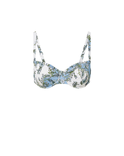 Veronica Beard White and blue floral print bikini top with ruched cups and adjustable straps.