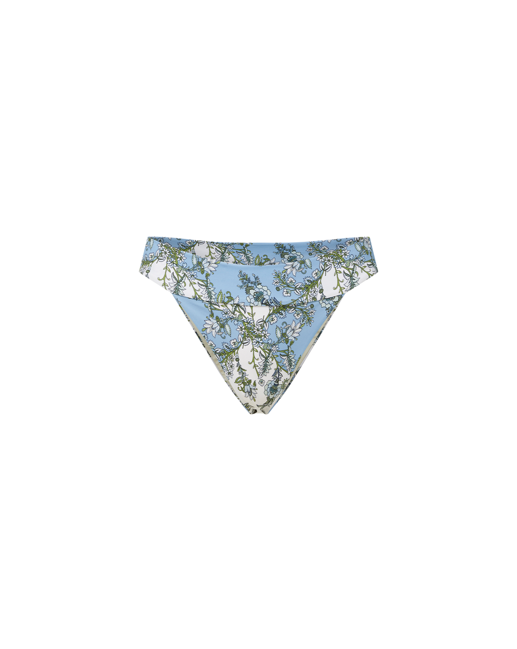 Veronica Beard Light blue high-waisted bikini bottom with a white floral and vine pattern.
