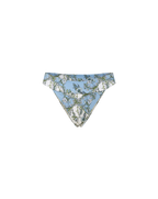 Veronica Beard Light blue high-waisted bikini bottom with a white floral and vine pattern.