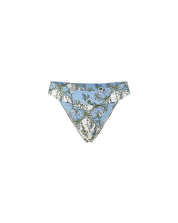 Veronica Beard Light blue high-waisted bikini bottom with a white floral and vine pattern.