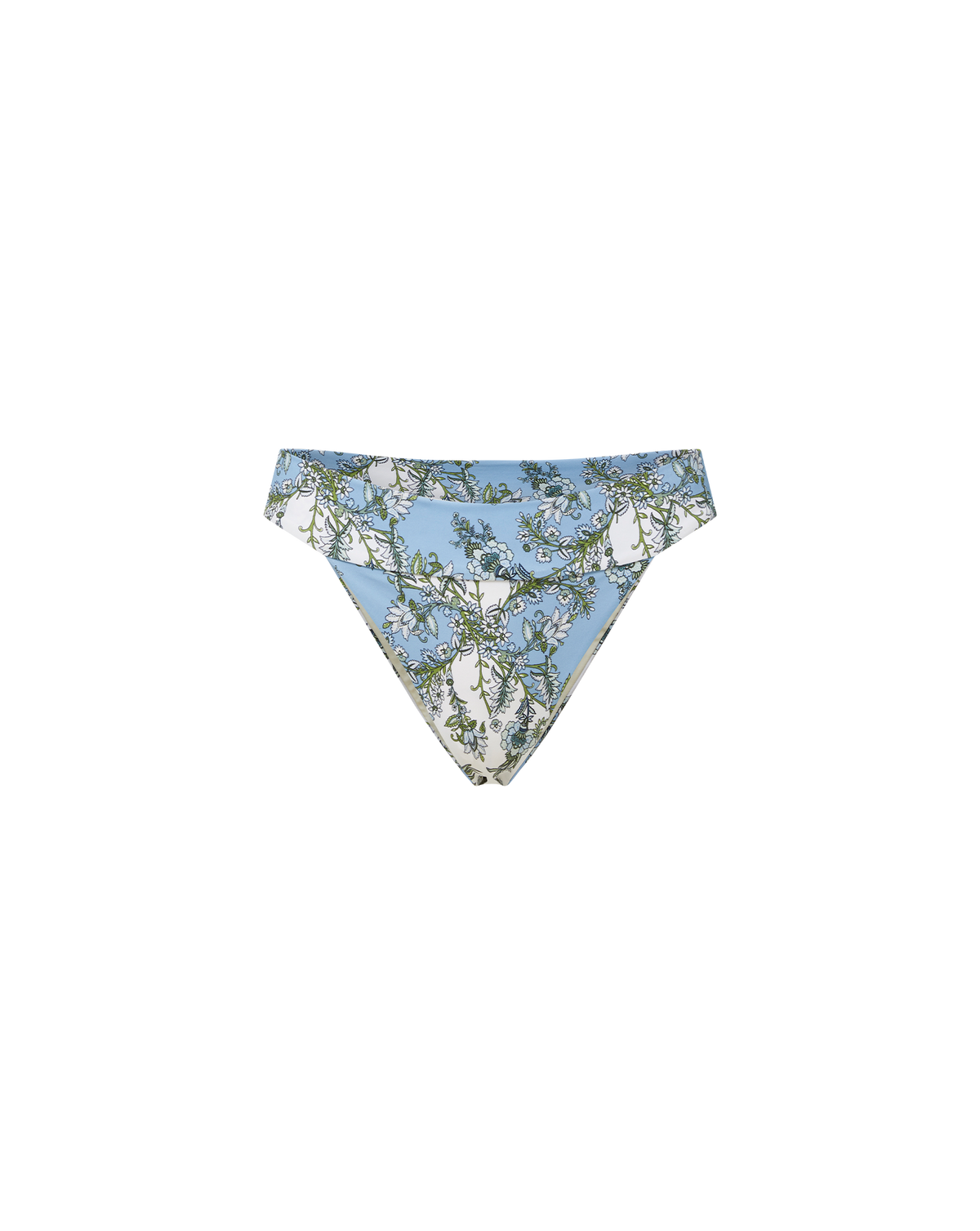 Veronica Beard Light blue high-waisted bikini bottom with a white floral and vine pattern.