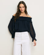 Veronica Beard Callum Off-the-Shoulder Top - Navy