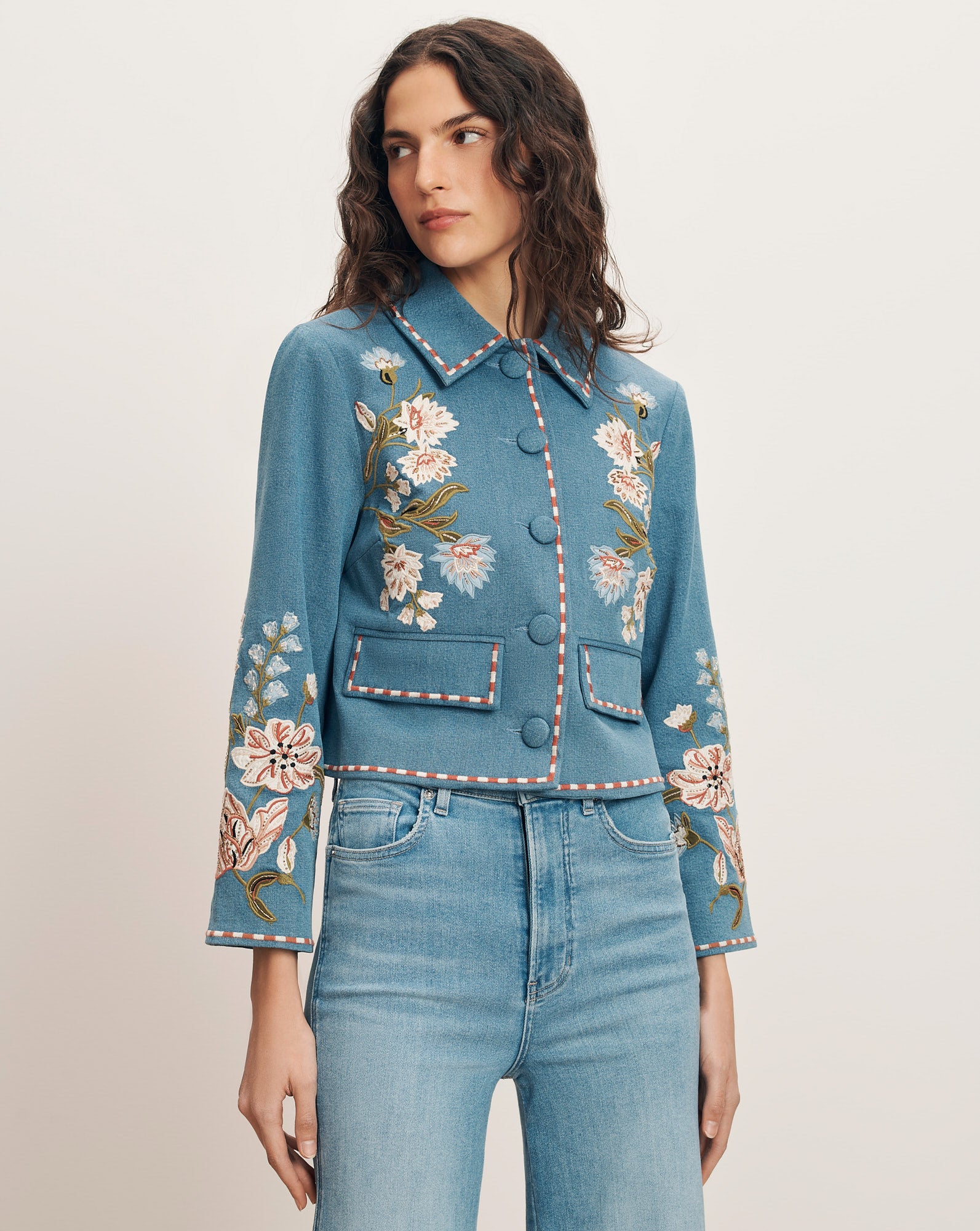 Vikaria Floral Embroidered Jacket in Blue Sea Glare | Veronica Beard
