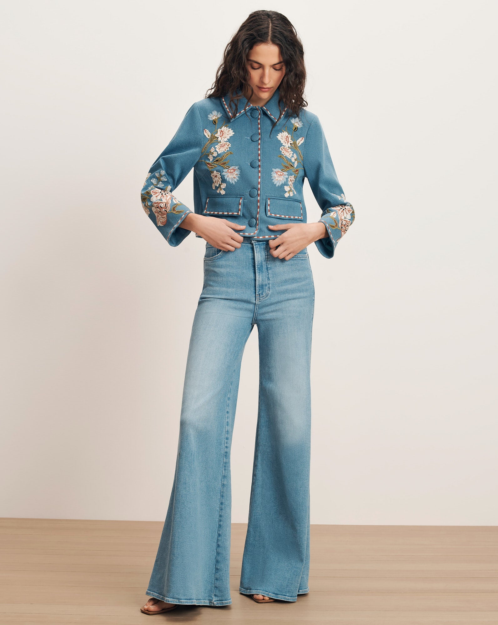 Vikaria Floral Embroidered Jacket in Blue Sea Glare | Veronica Beard