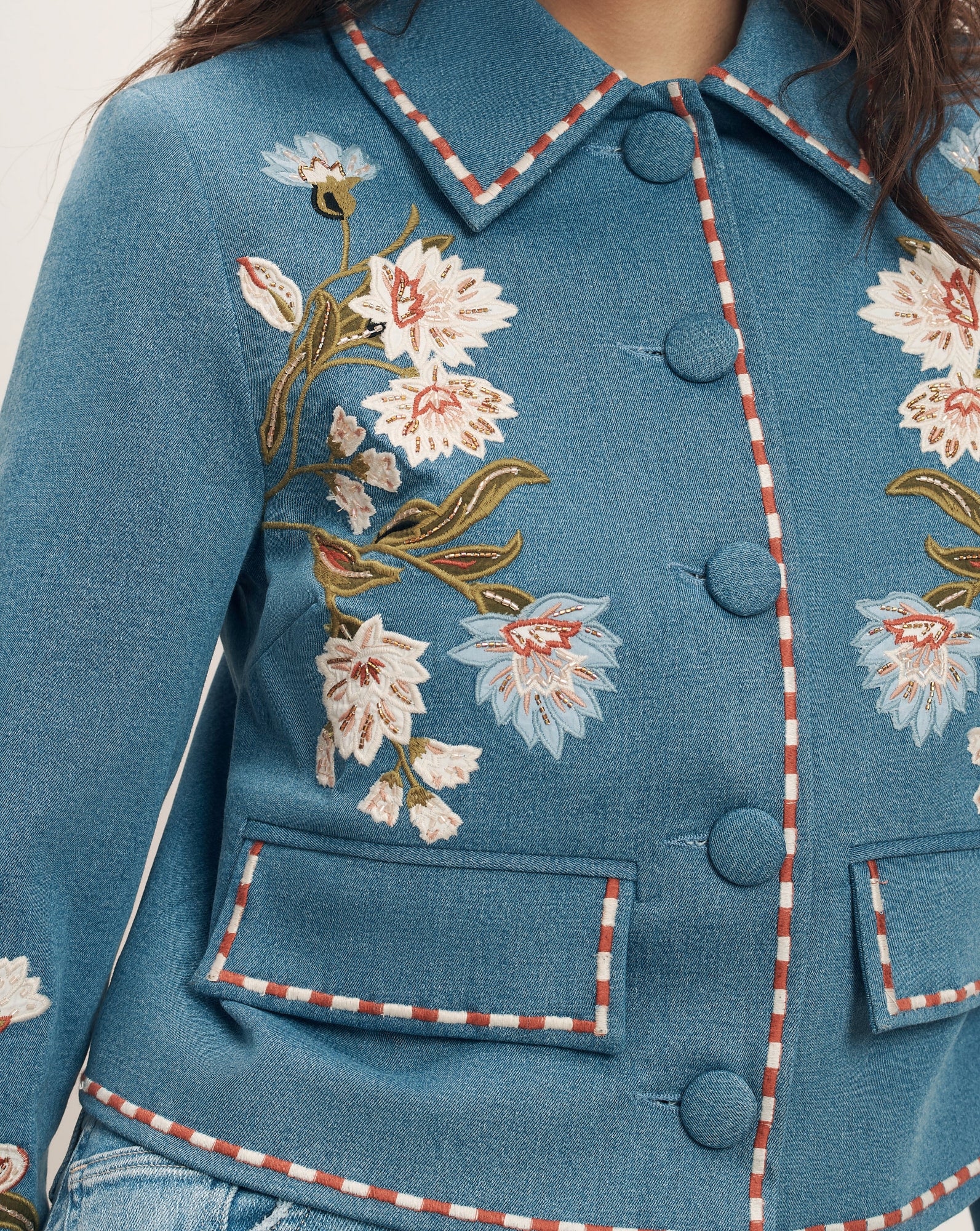 Vikaria Floral Embroidered Jacket in Blue Sea Glare | Veronica Beard