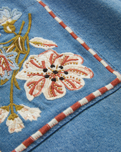 The image depicts a close-up view of a beautifully embroidered floral pattern on a denim fabric, featuring vibrant red, yellow, and white flowers against a blue background.