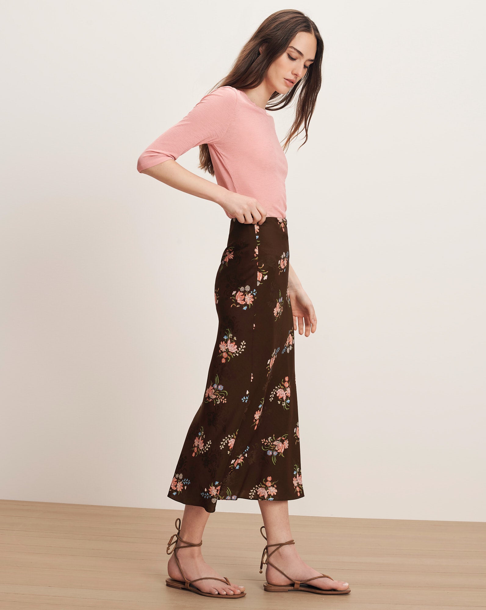mikiko Clover Floral Midi Skirt in Dark Mocha Multi | Veronica Beard