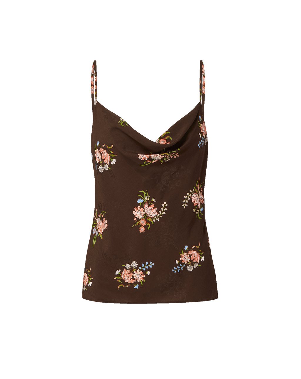 Veronica Beard Black floral print camisole with spaghetti straps and white wide-leg jeans.