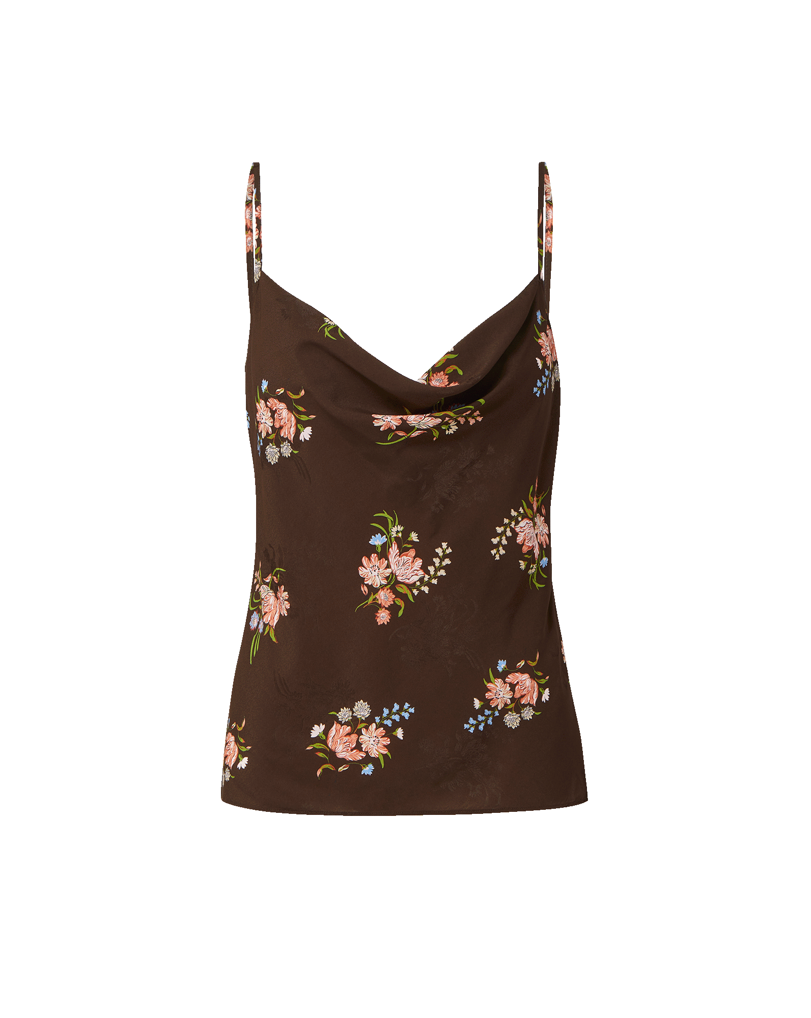Veronica Beard Black floral print camisole with spaghetti straps and white wide-leg jeans.