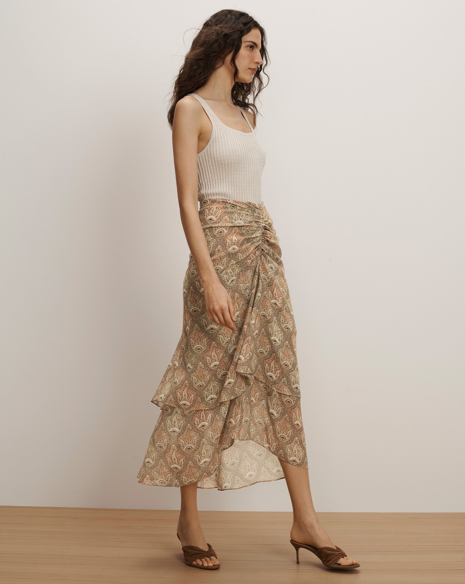 Veronica Beard Sira Silk Midi Skirt | Stone Khaki Multi | Size 2 Veronica Beard Sira Silk Midi Skirt | Stone Khaki Multi | Size 2