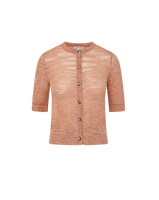 Veronica Beard Coral textured knit cardigan with short sleeves and light wash denim shorts.