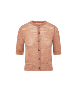 Veronica Beard Coral textured knit cardigan with short sleeves and light wash denim shorts.