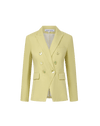 Veronica Beard Light green double-breasted blazer with peak lapels, paired with a white button-down shirt and off-white trousers.