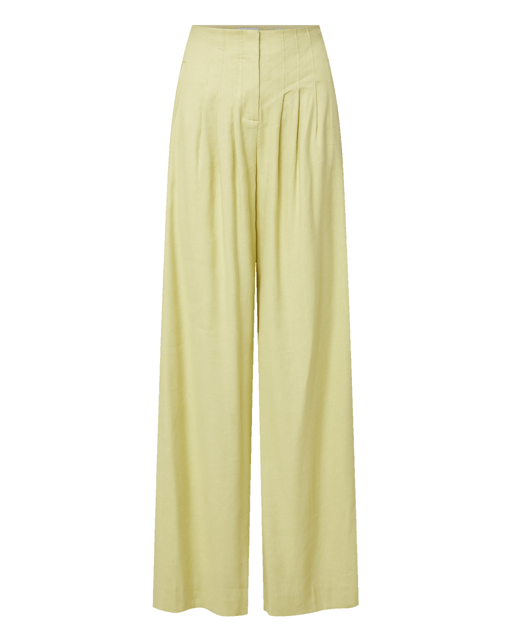 Veronica Beard Light green satin camisole with lace trim and matching wide-leg pleated trousers.