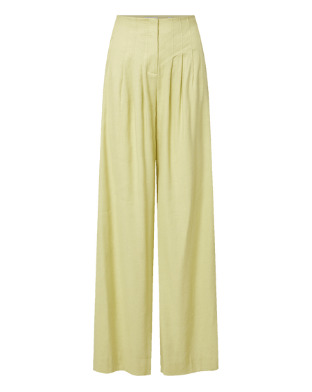 Veronica Beard Light green vest with wide-leg pleated trousers and a lace camisole.