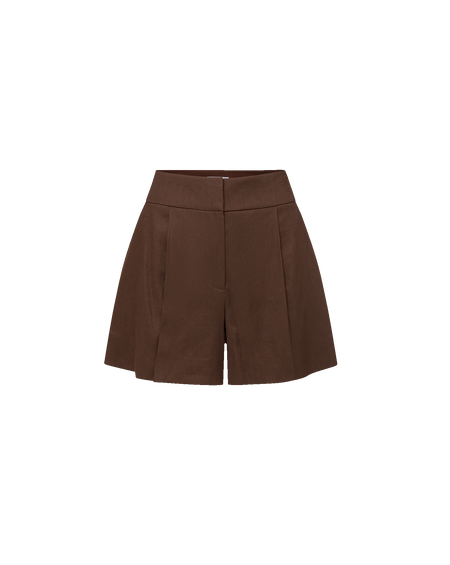 Veronica Beard Brown and white striped bustier crop top with brown pleated shorts.