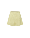 Veronica Beard Ribbed beige tank top and lime green pleated shorts.