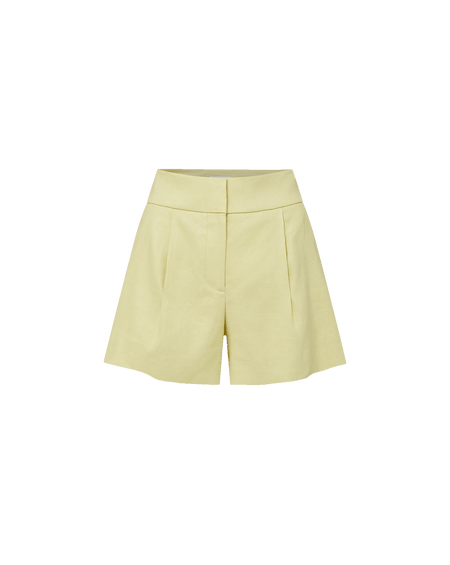 Veronica Beard Ribbed beige tank top and lime green pleated shorts.