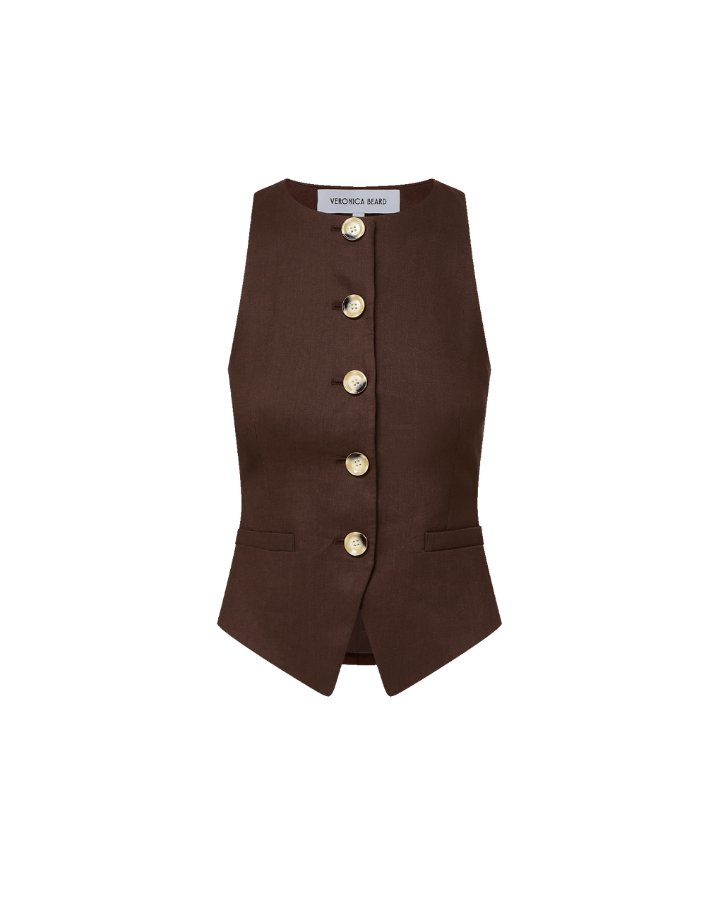 Veronica Beard Brown sleeveless button-front vest and black floral midi skirt.