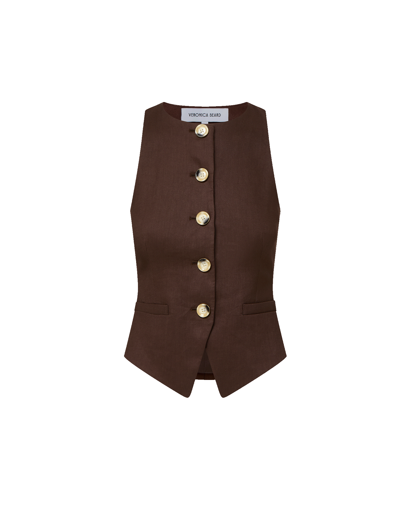 Veronica Beard Brown sleeveless button-front vest and black floral midi skirt.