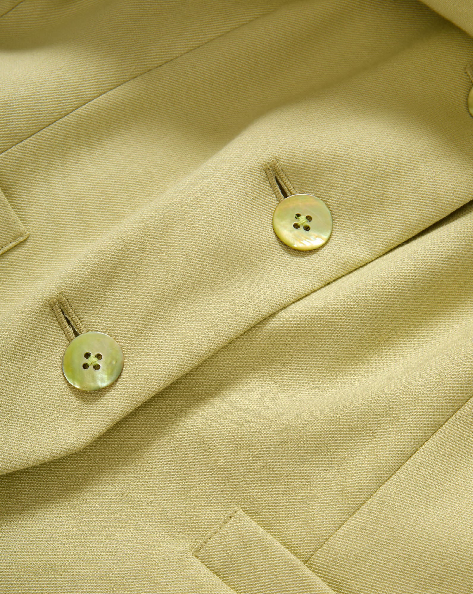 Veronica Beard Light green sleeveless vest with gold buttons and matching wide-leg pleated trousers.