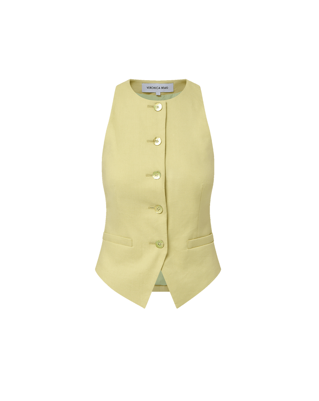 Veronica Beard Light green sleeveless vest with gold buttons and matching wide-leg pleated trousers.