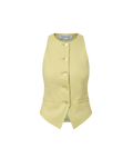 Veronica Beard Light green sleeveless vest with gold buttons and matching wide-leg pleated trousers.