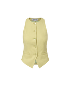 Veronica Beard Light green sleeveless vest with gold buttons and matching wide-leg pleated trousers.