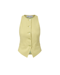 Veronica Beard Light green sleeveless vest with gold buttons and matching wide-leg pleated trousers.