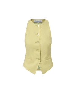 Veronica Beard Light green sleeveless vest with gold buttons and matching wide-leg pleated trousers.