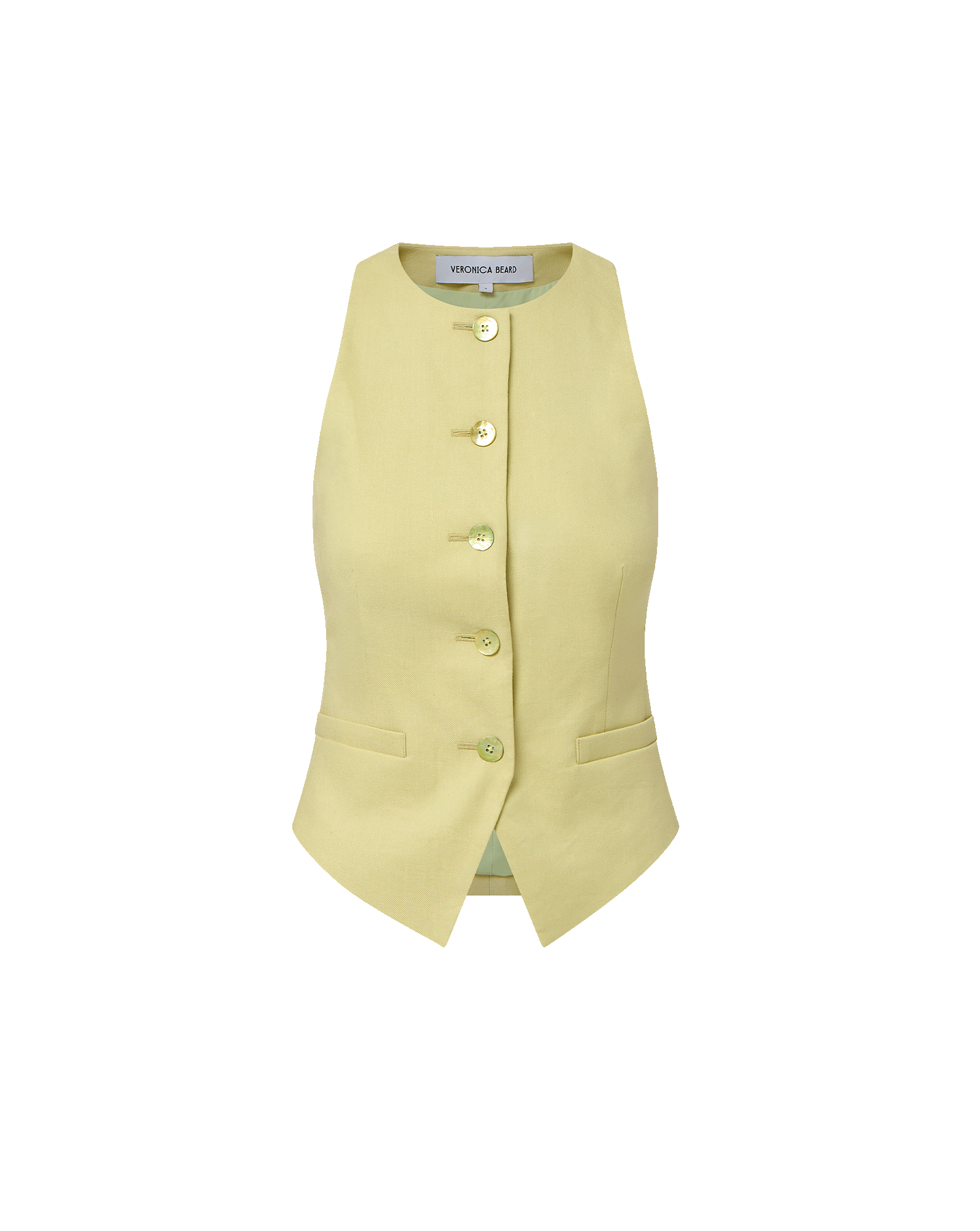 Veronica Beard Light green sleeveless vest with gold buttons and matching wide-leg pleated trousers.