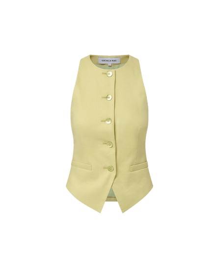 Veronica Beard Sleeveless lime green button-front vest with a rounded neckline and pointed hem.