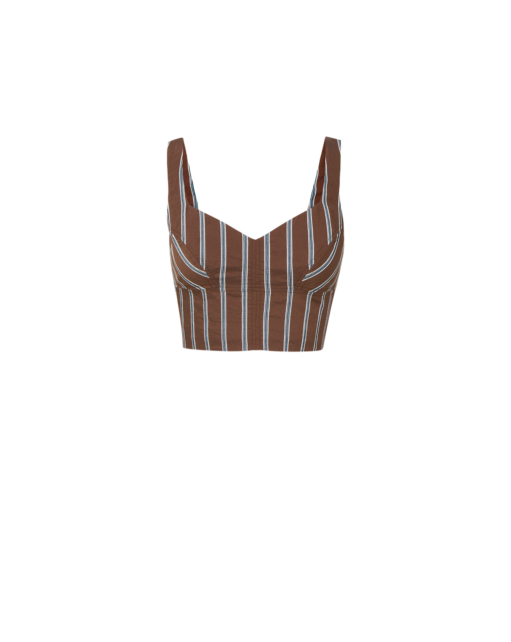 Veronica Beard Brown and white striped linen crop top with a sweetheart neckline and matching brown linen shorts.