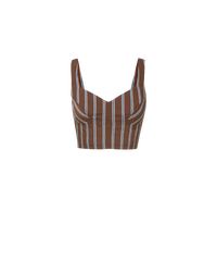 Veronica Beard Brown and white striped linen crop top with a sweetheart neckline and matching brown linen shorts.