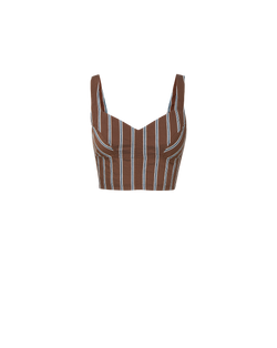 Veronica Beard Brown and white striped linen crop top with a sweetheart neckline and matching brown linen shorts.