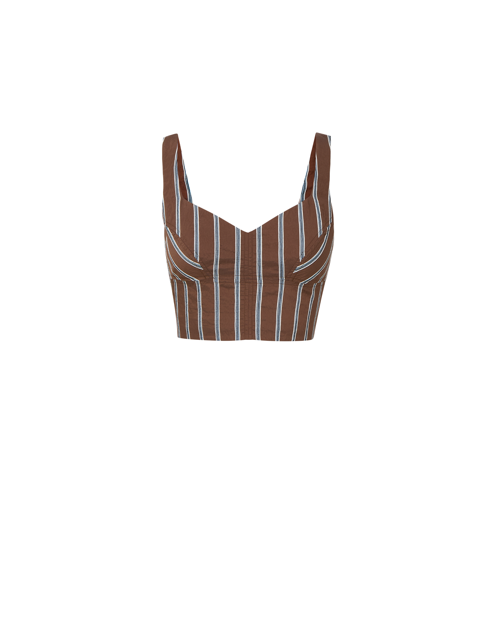 Veronica Beard Brown and white striped linen crop top with a sweetheart neckline and matching brown linen shorts.