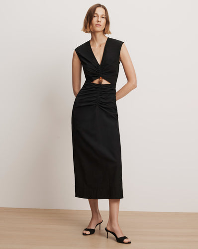 Veronica Beard Black midi dress with ruched cutout and wooden