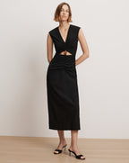 Veronica Beard Black midi dress with ruched cutout and wooden