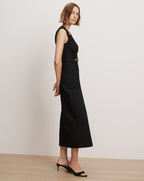 Veronica Beard Black sleeveless midi dress with side button details.