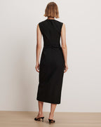 Veronica Beard Black sleeveless midi dress with ruched waist.