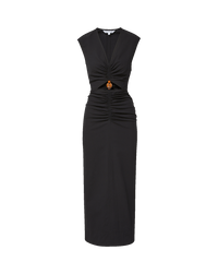 Veronica Beard Black sleeveless midi dress with side button details.