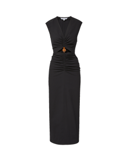 Veronica Beard Black sleeveless midi dress with side button details.